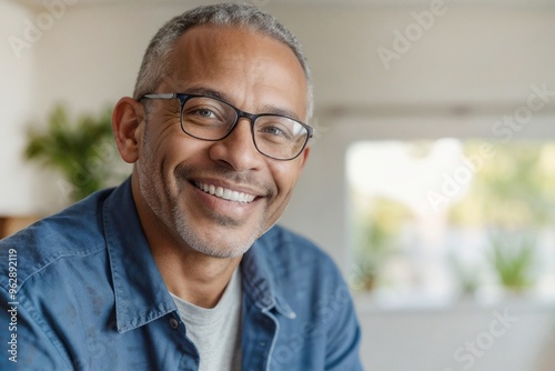 Face of cheerful Afro mature man wearing glasses and a blue shirt is smiling on a blurred background living room with copy space. He is looking at the camera and he is happy