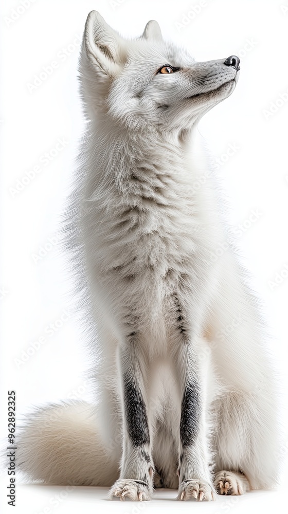 Fototapeta premium Full body profile of white fox isolated on white background with copyspace area 