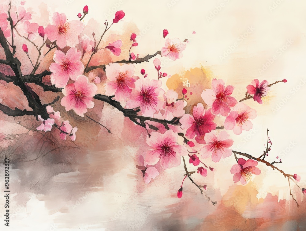 Fototapeta premium Watercolor painting of pink cherry blossoms.