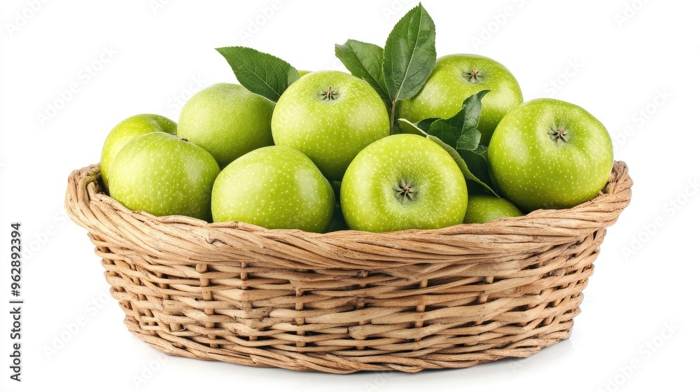 Fresh Green Apples in a Wicker Basket with Leaves Fresh Green Apples in a Wicker Basket with Leaves