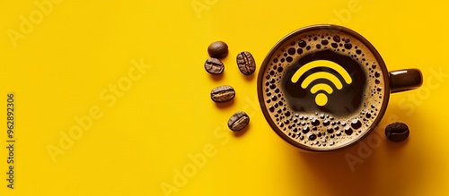 A cup of coffee with a wifi symbol in the foam, on a yellow background with coffee beans.