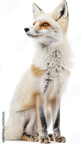 Full body profile of white fox isolated on white background with copyspace area 