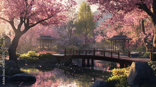 Tranquil Japanese garden with cherry blossoms and bridge.