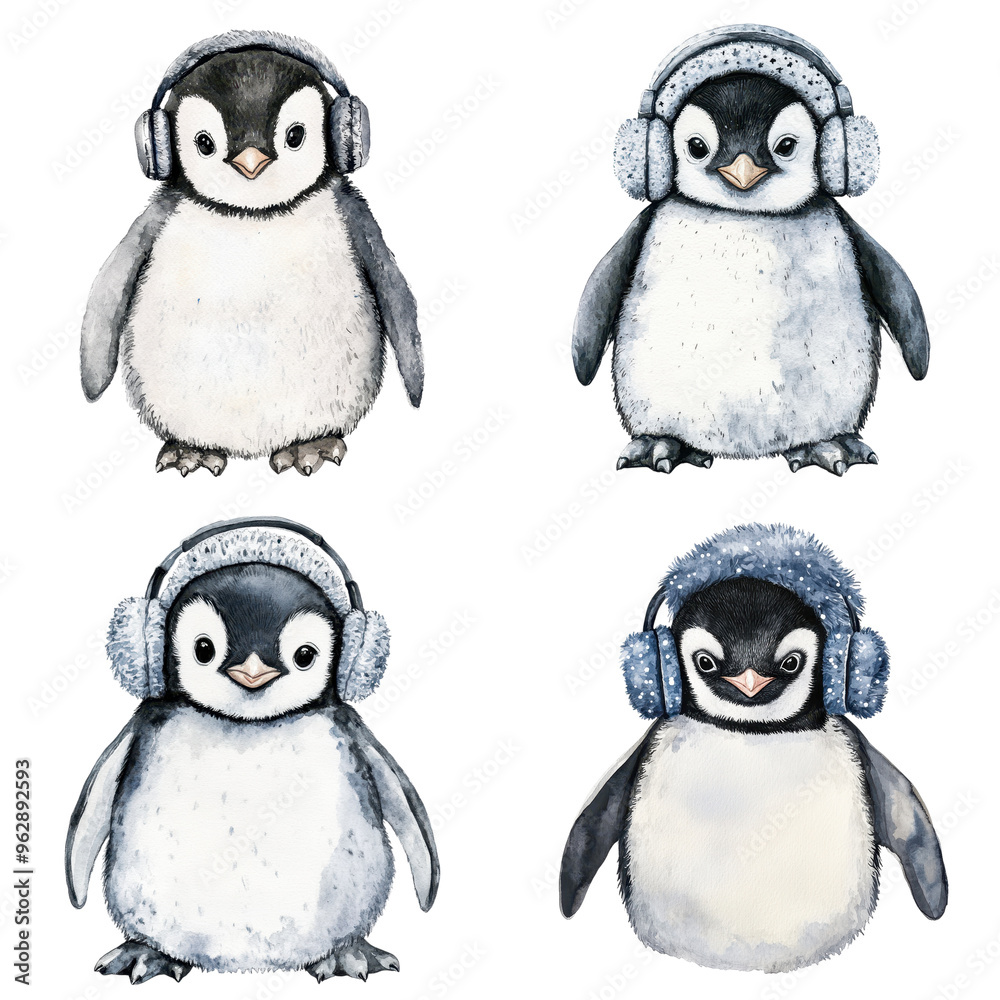 Fototapeta premium Set of Adorable Christmas Penguins in Various Poses Isolated on Transparent Background