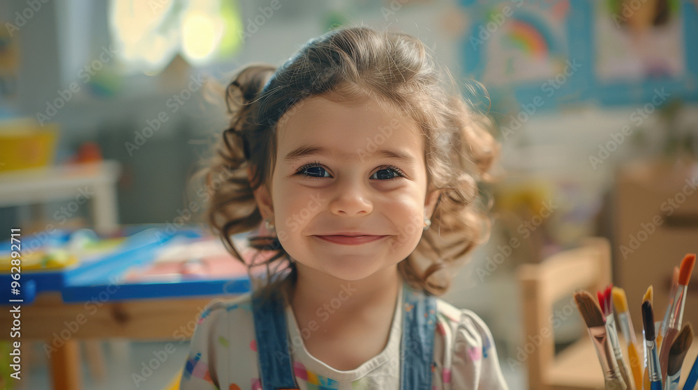 Cute girl child smiling in kindergarten indoors painting and playing
