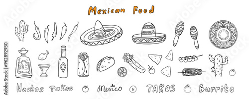 Big set of mexican theme in doodle style. Nachos, takos, burrito, tomato, corn, cactus, hat, tequila, sombrero, lemon, tortilla, chili pepper, maracas. Hand drawn. Great for bar menu, banner