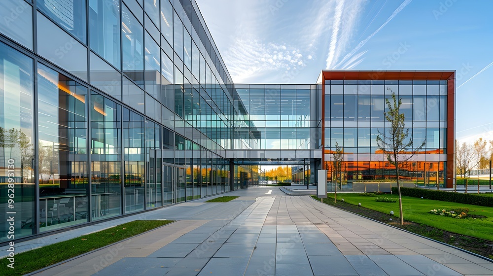 Modern Office Building with Glass Facade and Landscaped Area Modern Office Building with Glass Facade and Landscaped Area