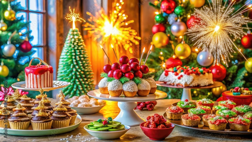 Playful whimsical festive holiday dessert table colorful creative culinary artistry sweet treats joyful fun lively Christmas dessert spread sparklers confetti Playful whimsical festive holiday dessert table colorful creative culinary artistry sweet treats joyful fun lively Christmas dessert spread sparklers confetti