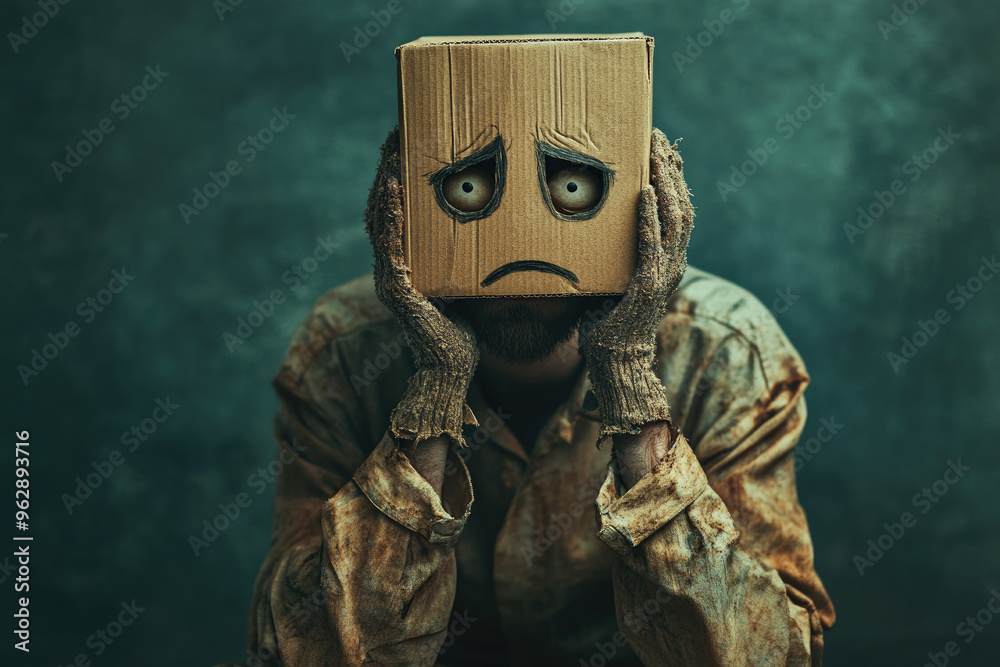 A man wearing a sad mask on his face. Created with Ai