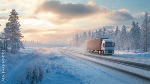 A cargo truck pushes through a snowy landscape, braving icy roads to ensure deliveries arrive on time in winter photo