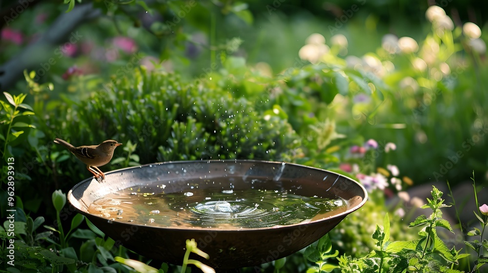 A Bird Taking a Refreshing Drink in a Garden Bird Bath A Bird Taking a Refreshing Drink in a Garden Bird Bath