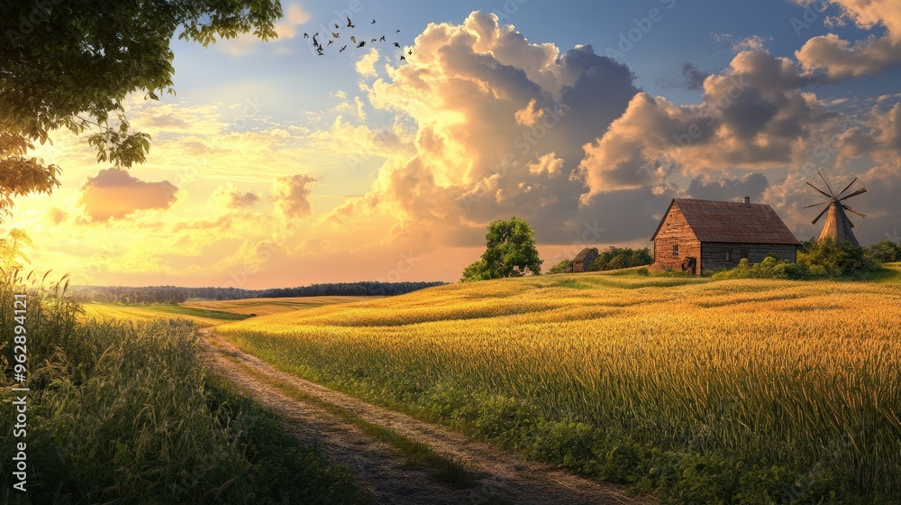 A rustic farmhouse, windmill, and golden field. A rustic farmhouse, windmill, and golden field.