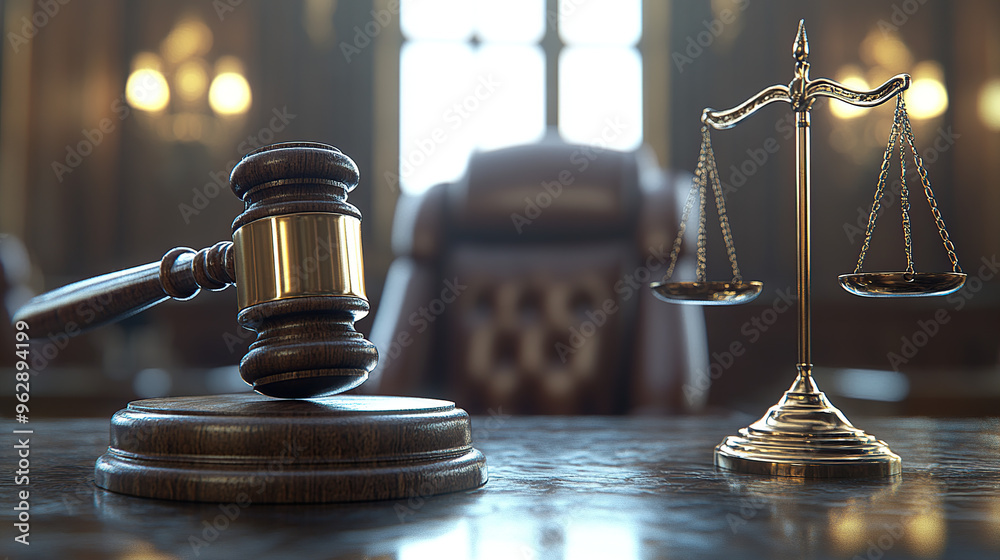 A gavel and scales of justice on the table in a courtroom A gavel and scales of justice on the table in a courtroom
