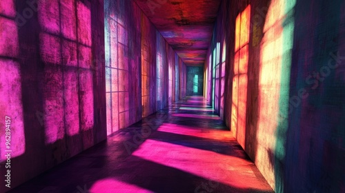 A corridor filled with vibrant colored light and deep shadows, creating a moody, abstract atmosphere of solitude.