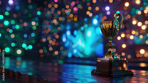 stylish gold award trophy is placed on the wooden cabinet