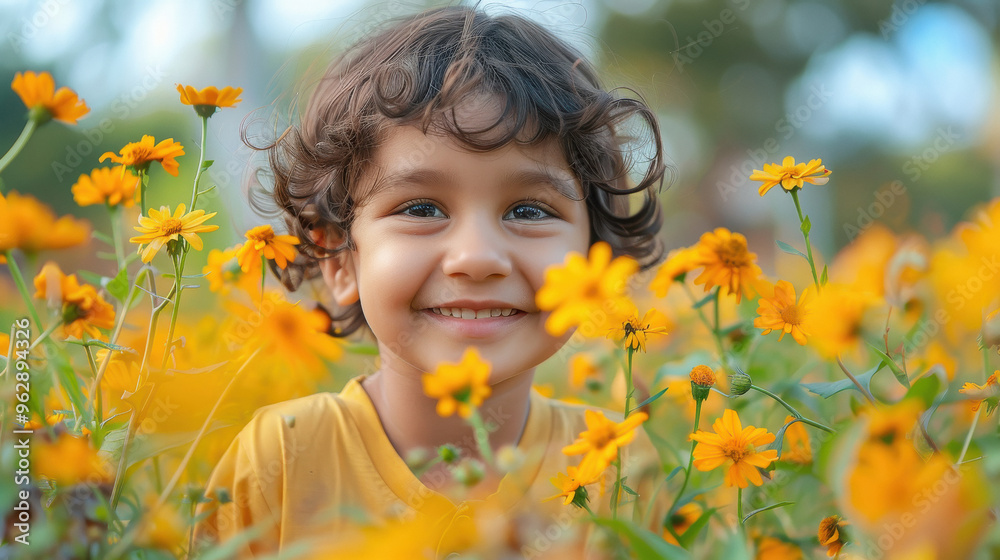 Cute indian little boy standing in flower garden Cute indian little boy standing in flower garden