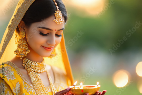 Young beautiful woman in traditional wear and jwellery holding oil lamp on diwali festival photo