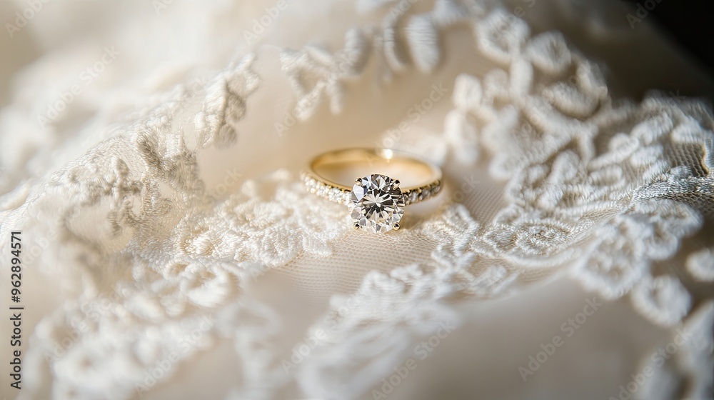 Delicate engagement ring displayed on the lace of a wedding dress, showcasing the timeless beauty of wedding traditions
