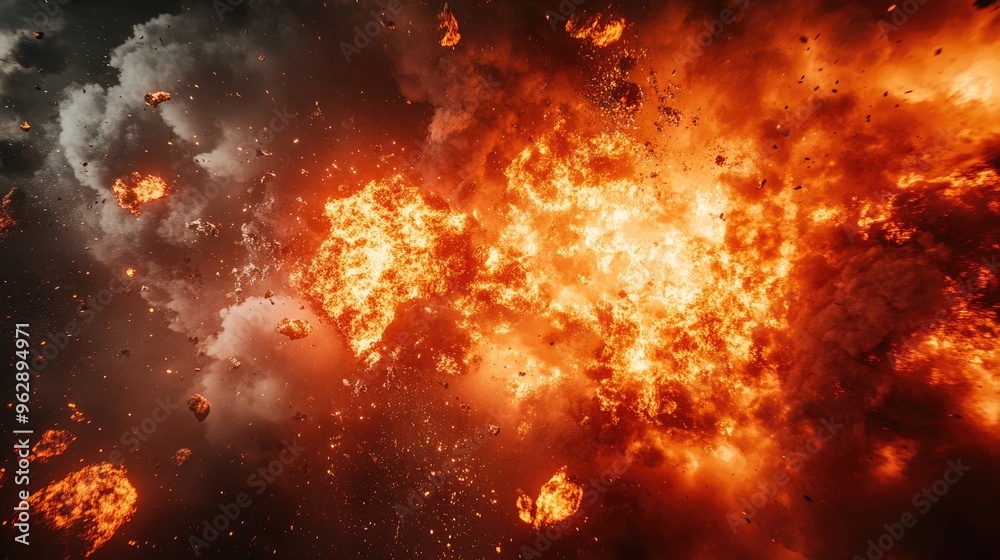 Naklejka premium High-energy explosion sending flames and smoke into the air, creating a scene of chaotic destruction.