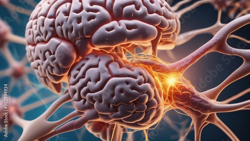 close up of human brain, neurons firing, neural extensions, cognitive learning plasticity. Detailed close up of human brain showing neurons firing and neural extensions in action	