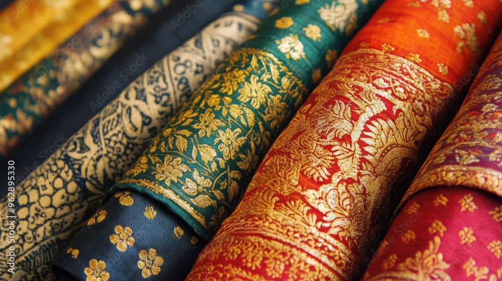 Intricate designs on cotton textiles from India, forming a rich pattern background of traditional fabrics.