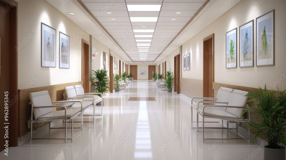 A modern hospital corridor with a bright, serene waiting area offering comfort and calm to patients.