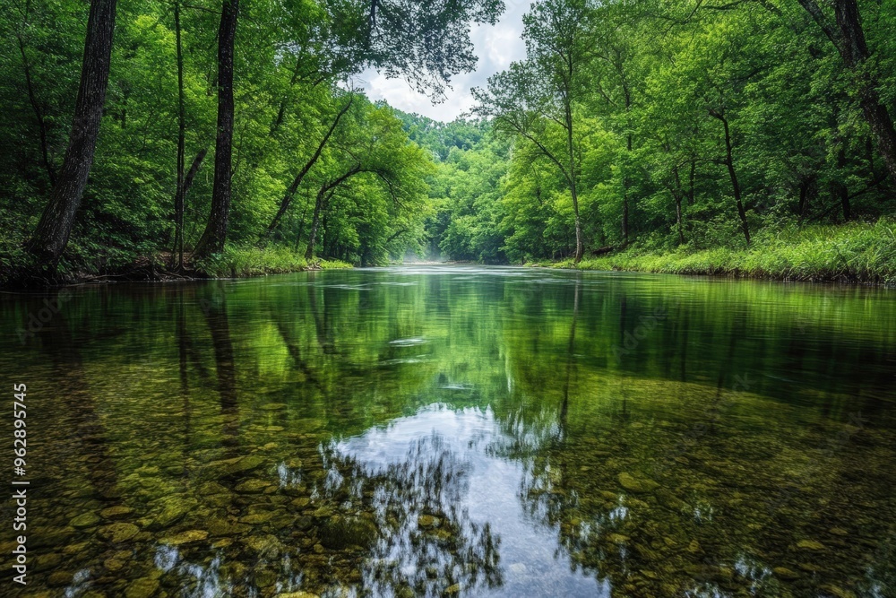 Calm river flowing through lush green trees. Calm river flowing through lush green trees.