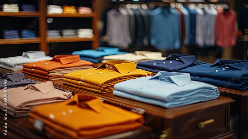 Neatly folded shirts of different colors in perfect alignment on a large table, displaying precision in retail presentation. Neatly folded shirts of different colors in perfect alignment on a large table, displaying precision in retail presentation.