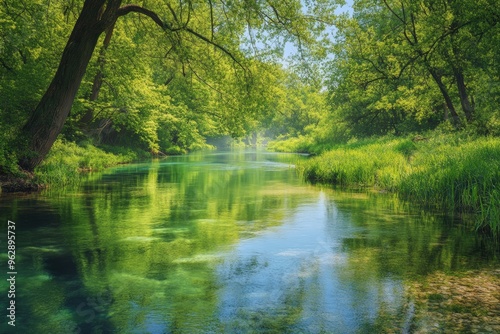 A tranquil river flows through a lush green forest.