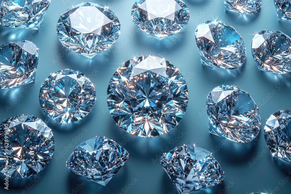 Large group of sparkling diamonds lying on blue background Large group of sparkling diamonds lying on blue background