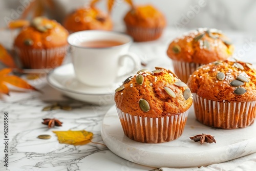 Autumn and winter baked pastries. Healthy pumpkin muffins with traditional fall spices, pumpkin seeds. With tea cup. White marble table, copy space