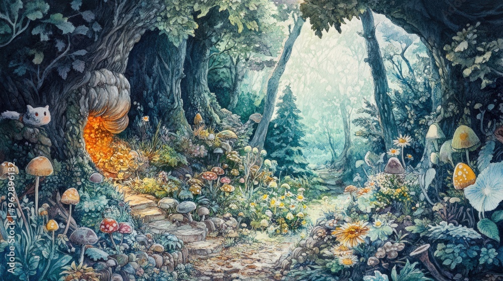 Obraz premium A whimsical woodland path lined with mushrooms and flowers.