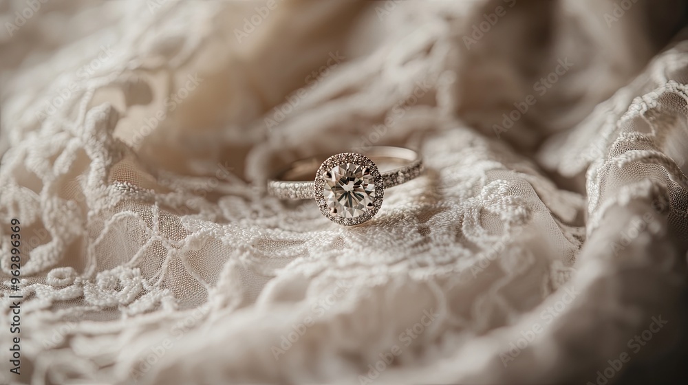 Fototapeta premium Sparkling engagement ring placed on a wedding dress, symbolizing love and commitment, with soft fabric details in focus.