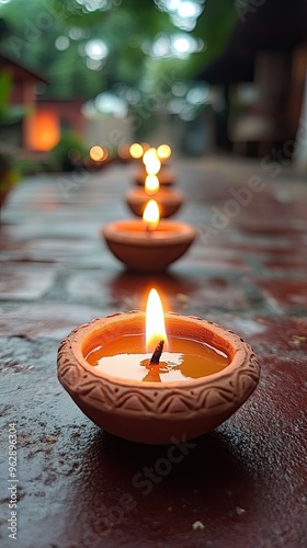 Happy Diwali - Clay Diya lamps lit during Diwali celebration