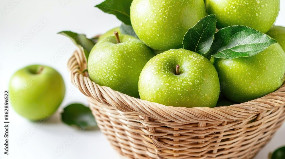 Fresh Green Apples in a Wicker Basket with Water Drops Fresh Green Apples in a Wicker Basket with Water Drops