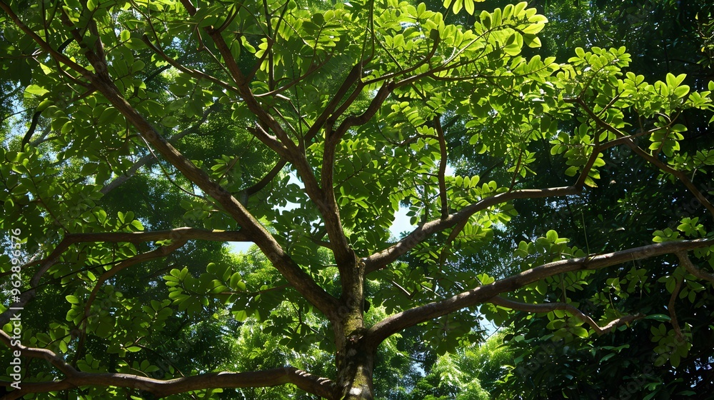 Obraz premium Sunlight Filtering Through Lush Green Tree Canopy