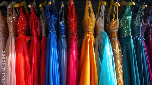 Bright evening dresses on the hangers in the store offer a fashionable selection of bright colors. Fashion, dressing, lifestyle