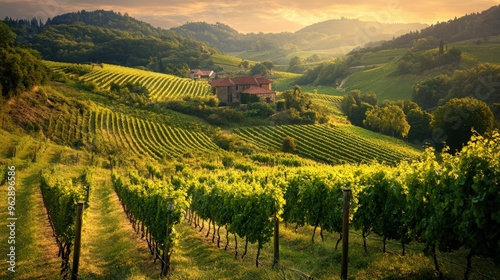 Rolling hills with vineyard and farmhouse at sunset.