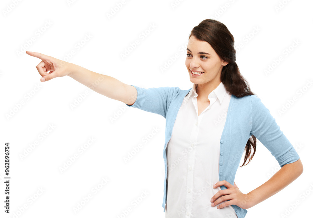 Smile, woman and pointing of direction in studio for presentation news, scholarship deal and announcement. Happy, girl and student advertising, university schedule and sign up on white background Smile, woman and pointing of direction in studio for presentation news, scholarship deal and announcement. Happy, girl and student advertising, university schedule and sign up on white background