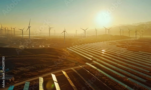 Wind turbines and solar panels in a renewable energy landscape at sunset
