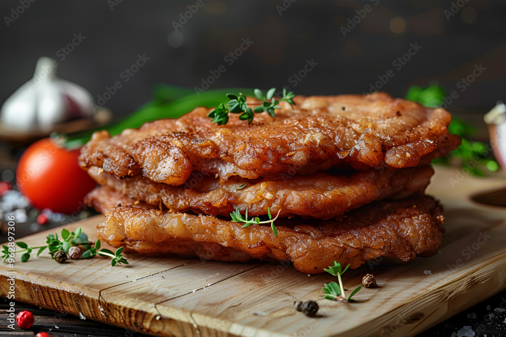 Fried breaded tilapia fillets on a marble board. Black background. Top view. Copy space. Fried breaded tilapia fillets on a marble board. Black background. Top view. Copy space.