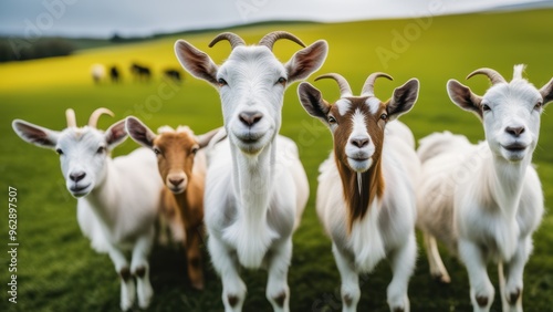 Four white-coated goats stand in a grassy pasture with a line of cows behind them against an overcast sky.