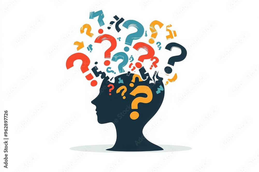Silhouette head with question marks illustration Silhouette head with question marks illustration