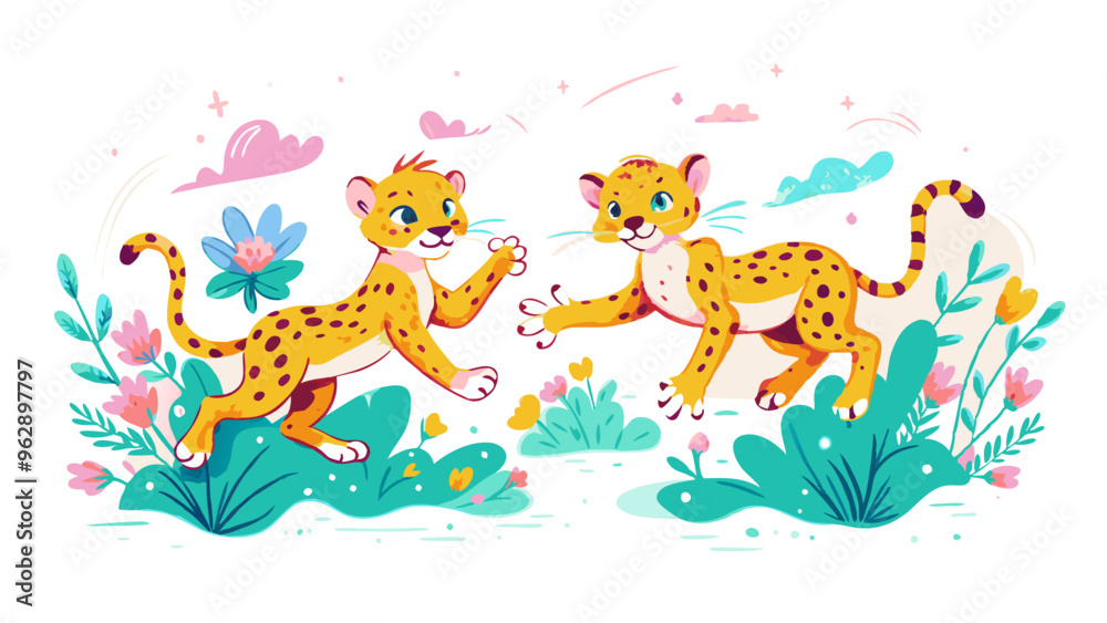 Playful Leopard Cubs Frolicking Amongst Vibrant Flowers Playful Leopard Cubs Frolicking Amongst Vibrant Flowers