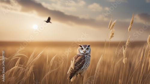 Serene sunset scene with an owl perched on a branch amidst tall grasses set against a warm orange-yellow sky. photo