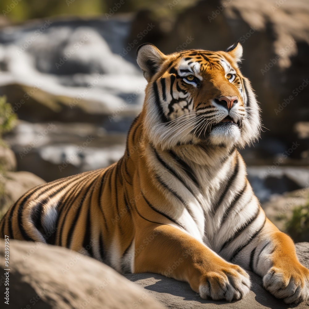 Magnificent tiger perched on river rocks gazing attentively at surroundings. Magnificent tiger perched on river rocks gazing attentively at surroundings.