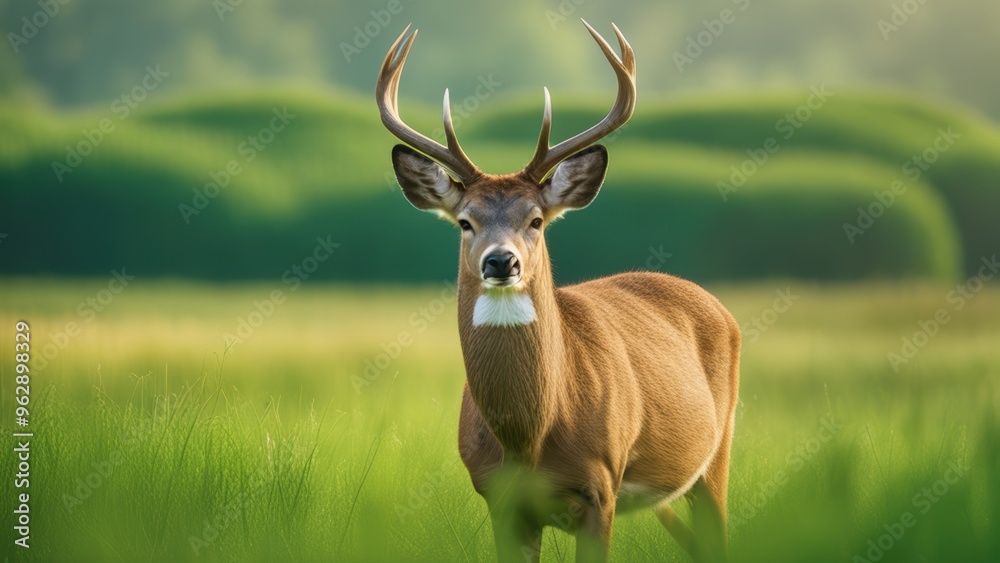 A deer stands in a lush green field gazing directly at the camera with prominent antlers under a softly lit sky. A deer stands in a lush green field gazing directly at the camera with prominent antlers under a softly lit sky.