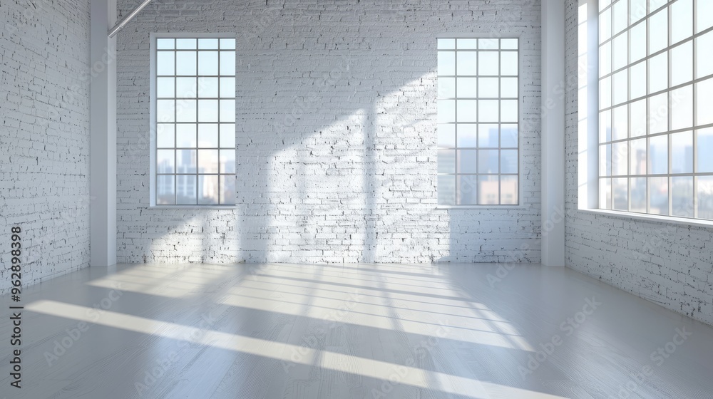 Fototapeta premium Interior of a vacant white loft with shadow from window