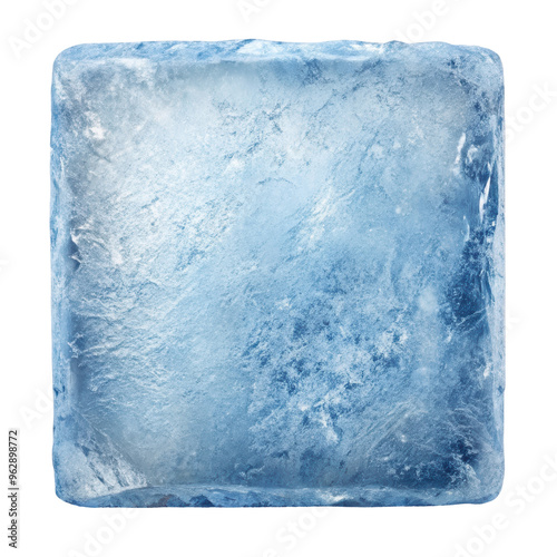 Square ice block featuring a frosted, textured surface. Ideal for food styling, beverage presentations, and creative visuals. Isolated on transparent background, png.