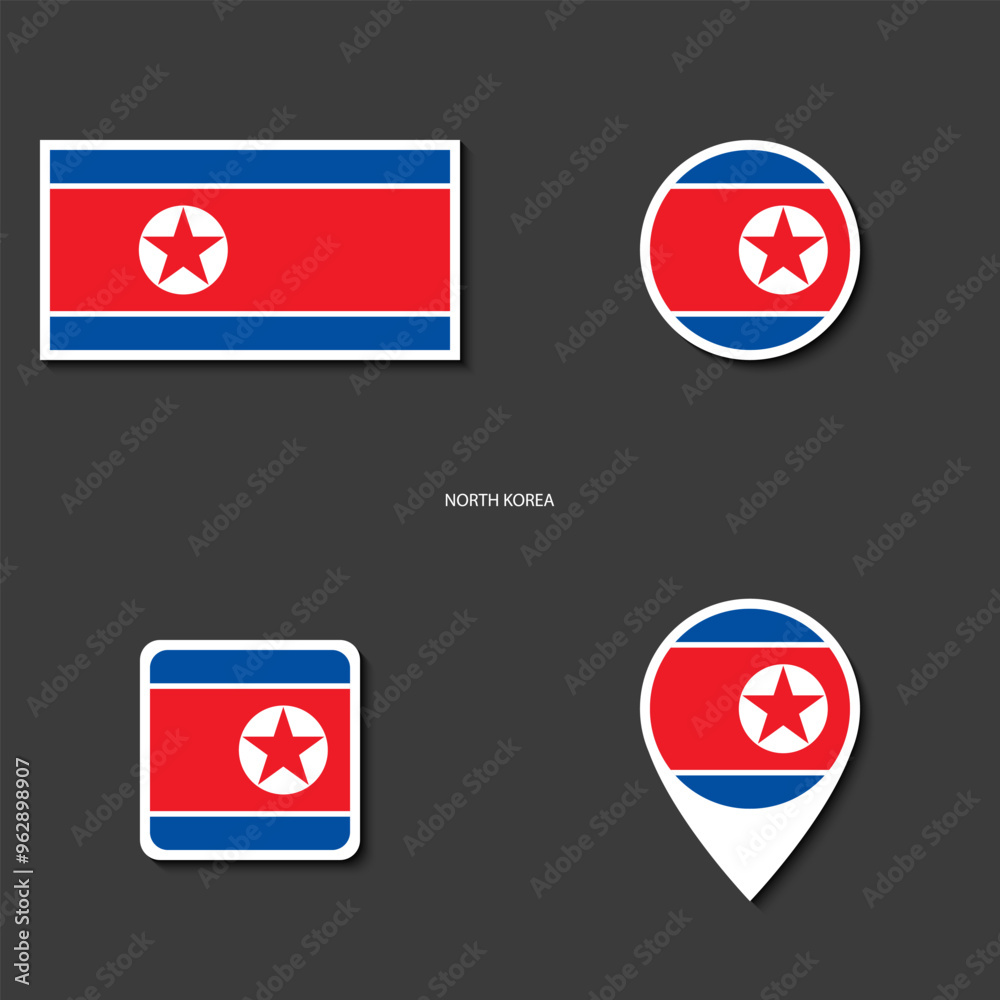 Obraz na plátně North Korea flag icon set in different shape (rectangle, circle, square and marker icon) on dark grey background